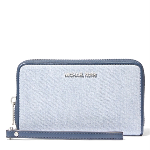 Michael Kors Jet Set Large Travel Smartphone Wallet Wristlet - Denim - Picture 1 of 8